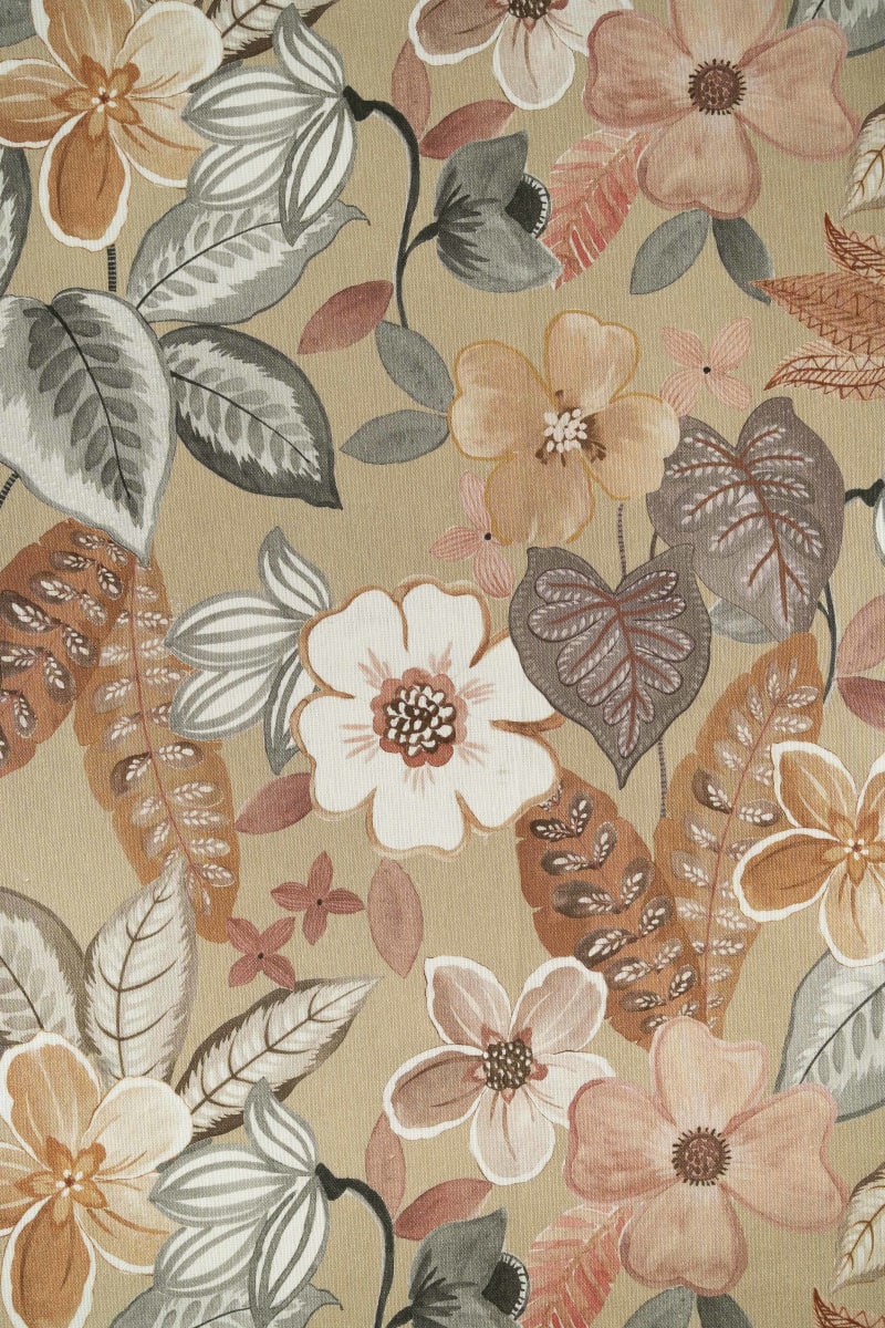 Loneta floral floral y hojas gris