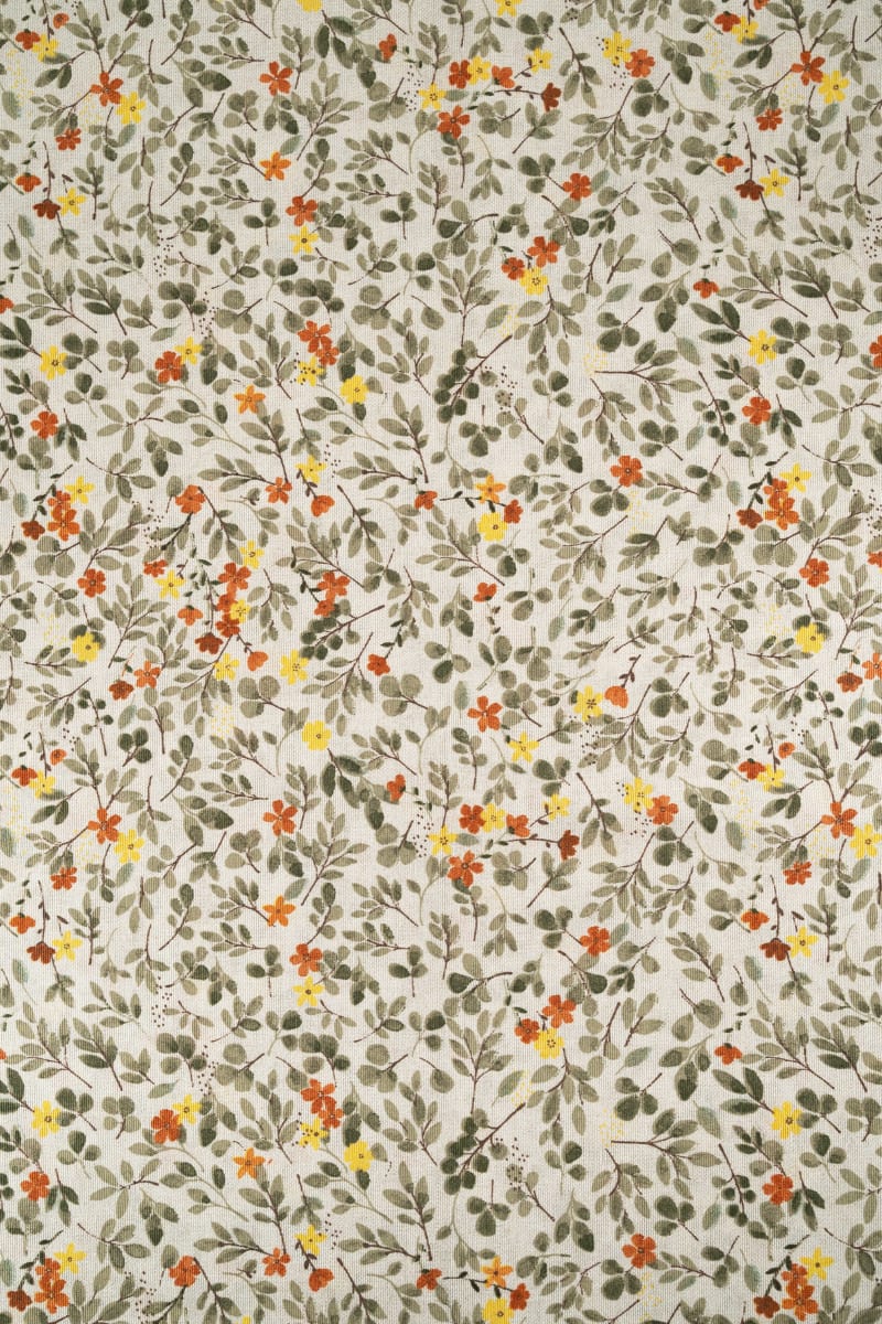 Loneta estampado flores naranja y amarillo mostaza