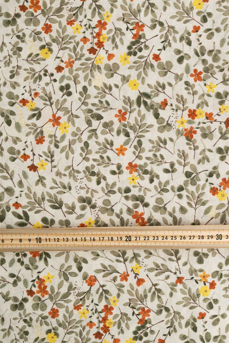 Loneta estampado flores naranja y amarillo mostaza